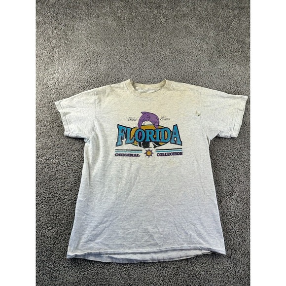 Hanes Other - VINTAGE 90s Florida Shirt Mens Large Gray Blue Dolphin Short Sleeve FLAW